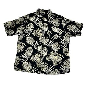 Claiborne Shirt Men's 100% Silk Tropical Monstera Leaf Print Black Large